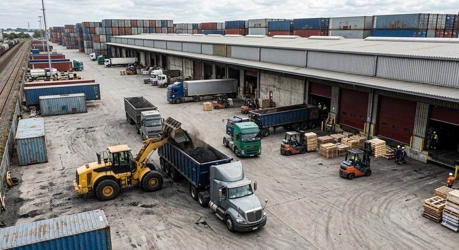 Bulk logistics yard with trucks, forklifts, and cargo containers