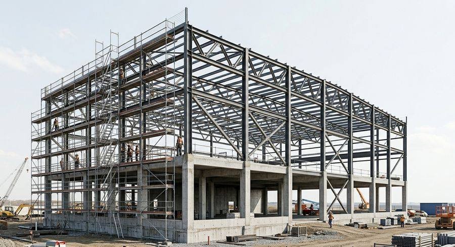 Structural steel frame of an industrial building under construction