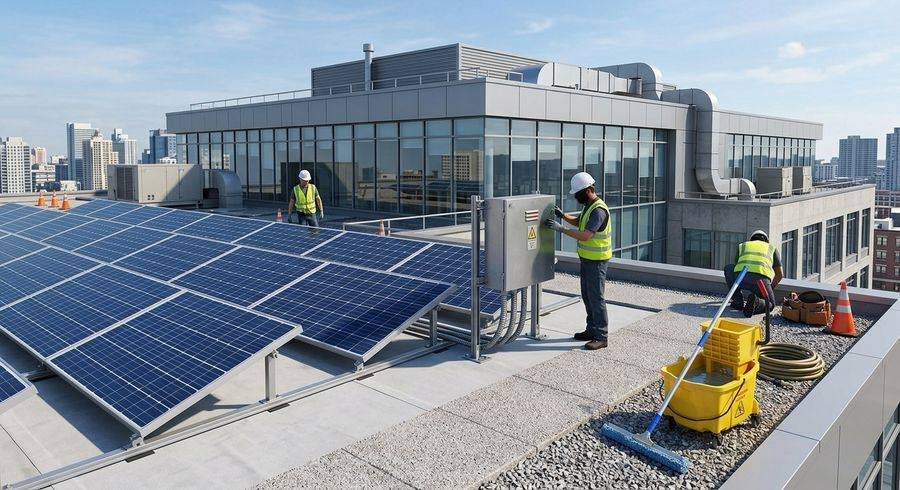 Technicians installing solar panels on a commercial rooftop