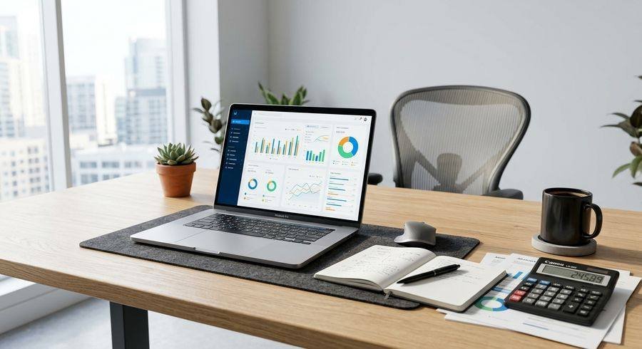 Laptop showing a business dashboard on a corporate office desk