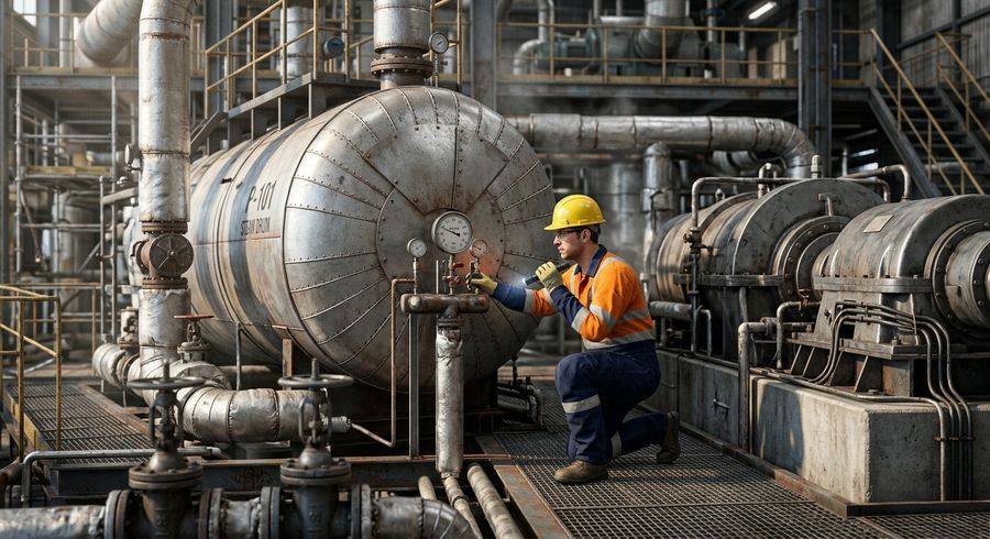 Technician inspecting an industrial boiler and turbine assembly