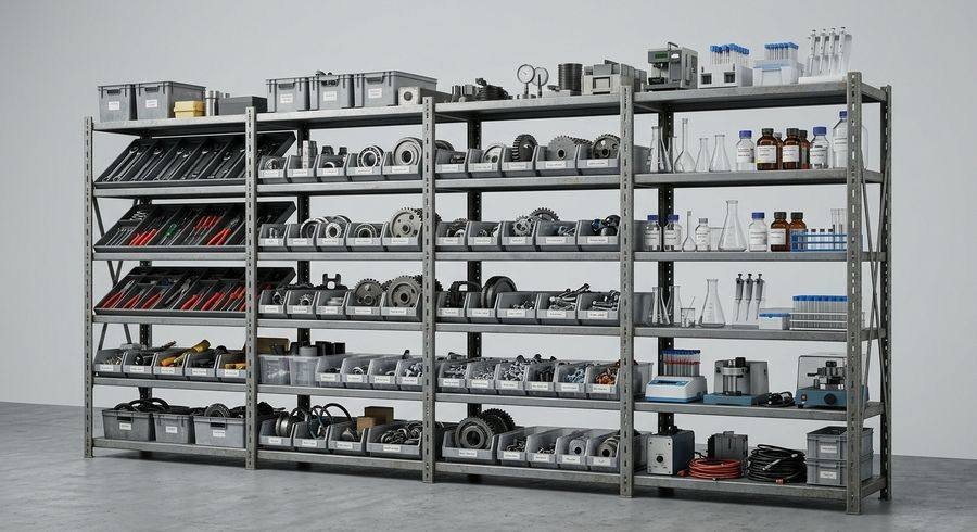 Shelving of tools, spare parts, and lab equipment ready for dispatch