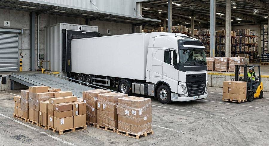 Freight truck loading pallets of goods at a warehouse dock